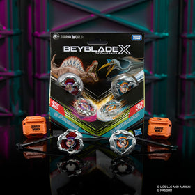 Beyblade X dino collab battle scene from Jurassic World crossover.
