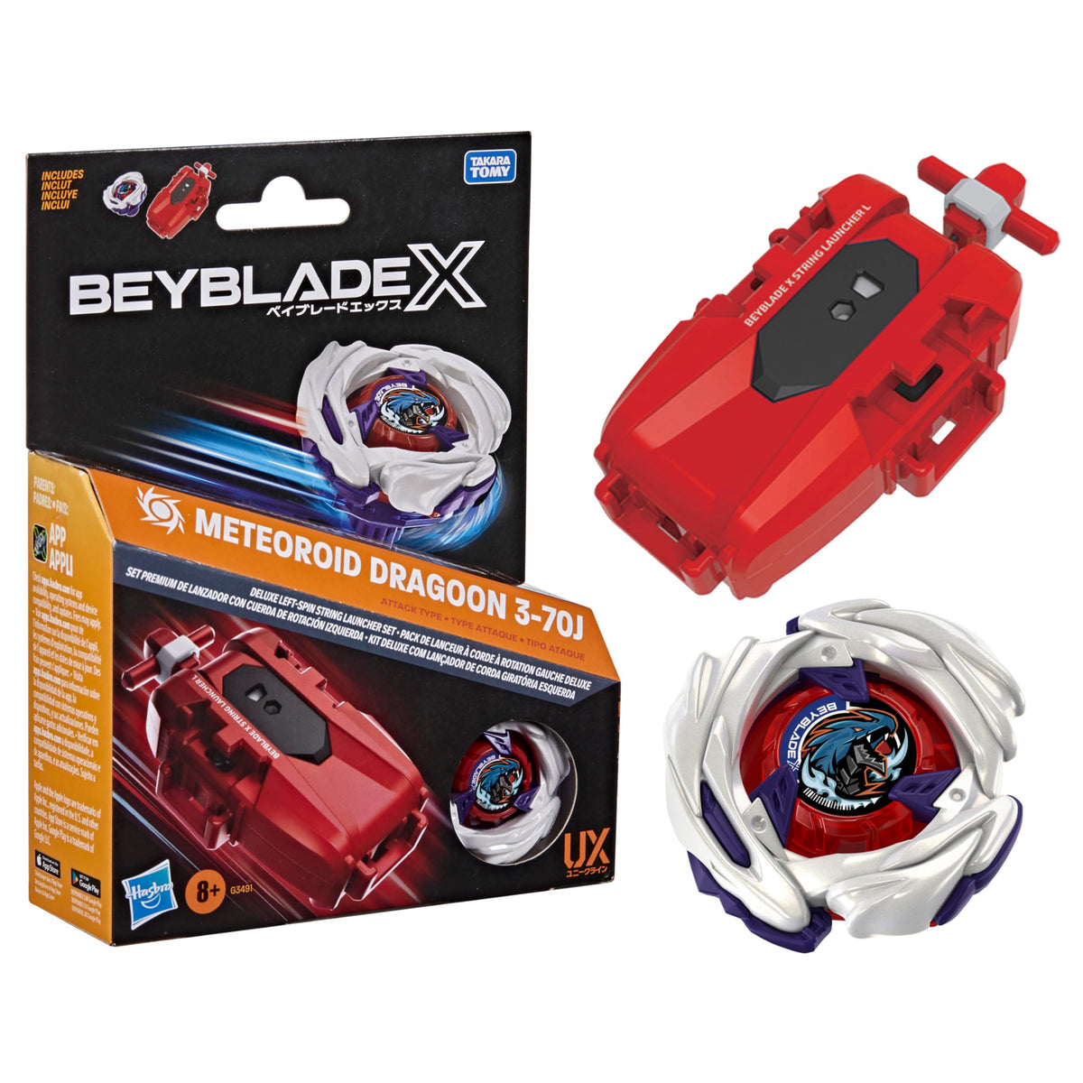 Beyblade X left-spin launcher with Meteoroid Dragoon top ready for competitive battles