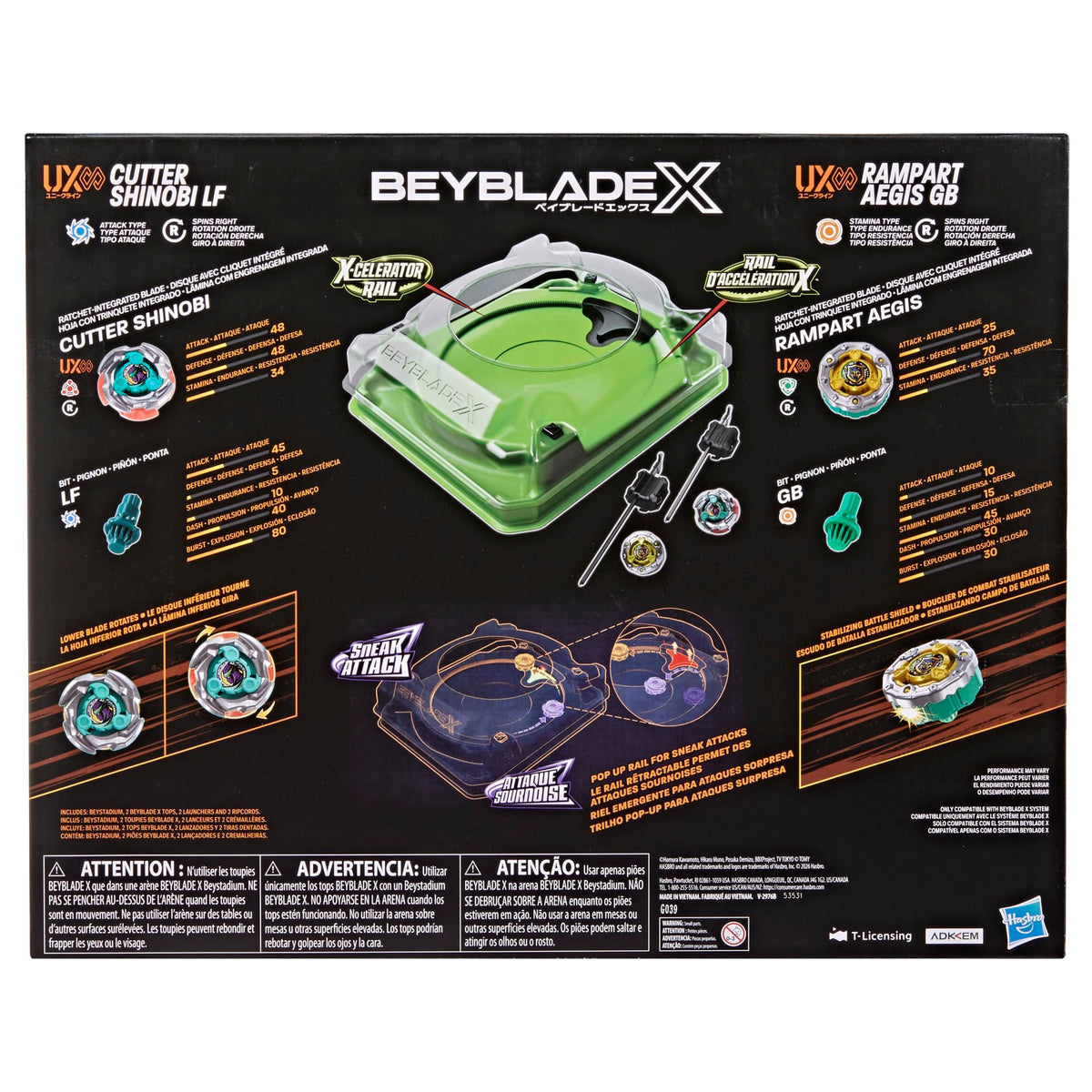 Rampart Aegis GB Beyblade X top in action with stabilizing shield.