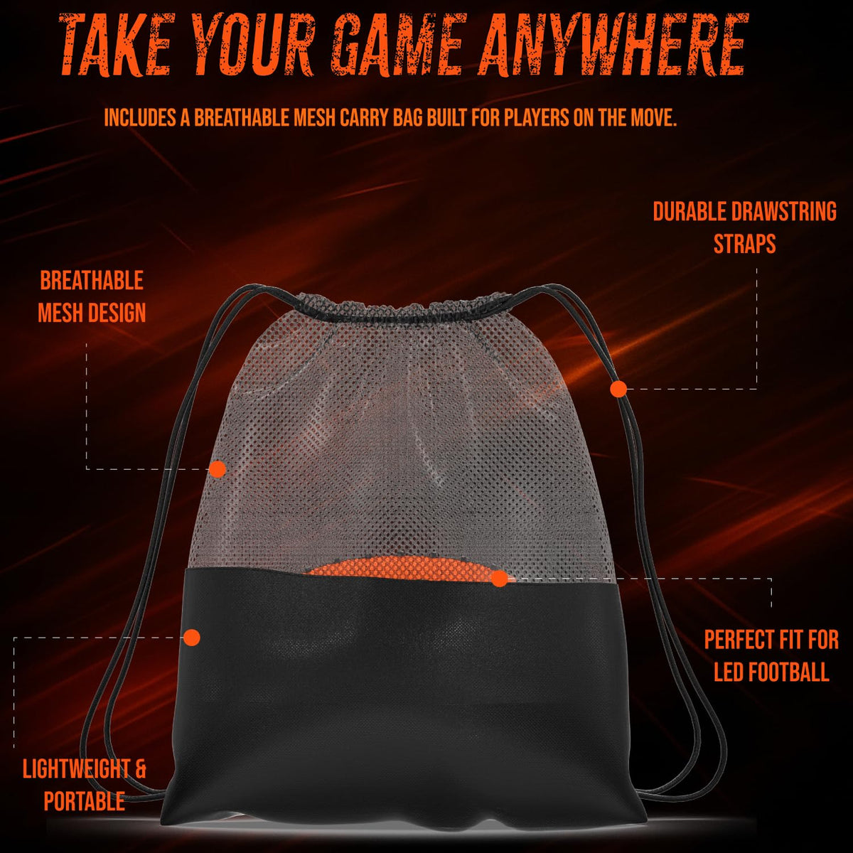 Beyond Innoventions Drawstring Bag stores glow gear and football toys.