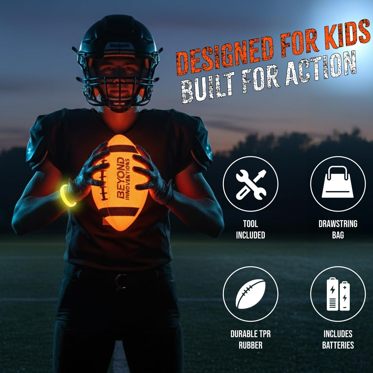Beyond Innoventions Glow Bands boost night visibility around the football.