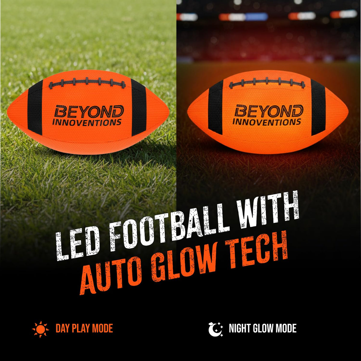 Beyond Innoventions Glow Football illuminated spiral for dusk games.