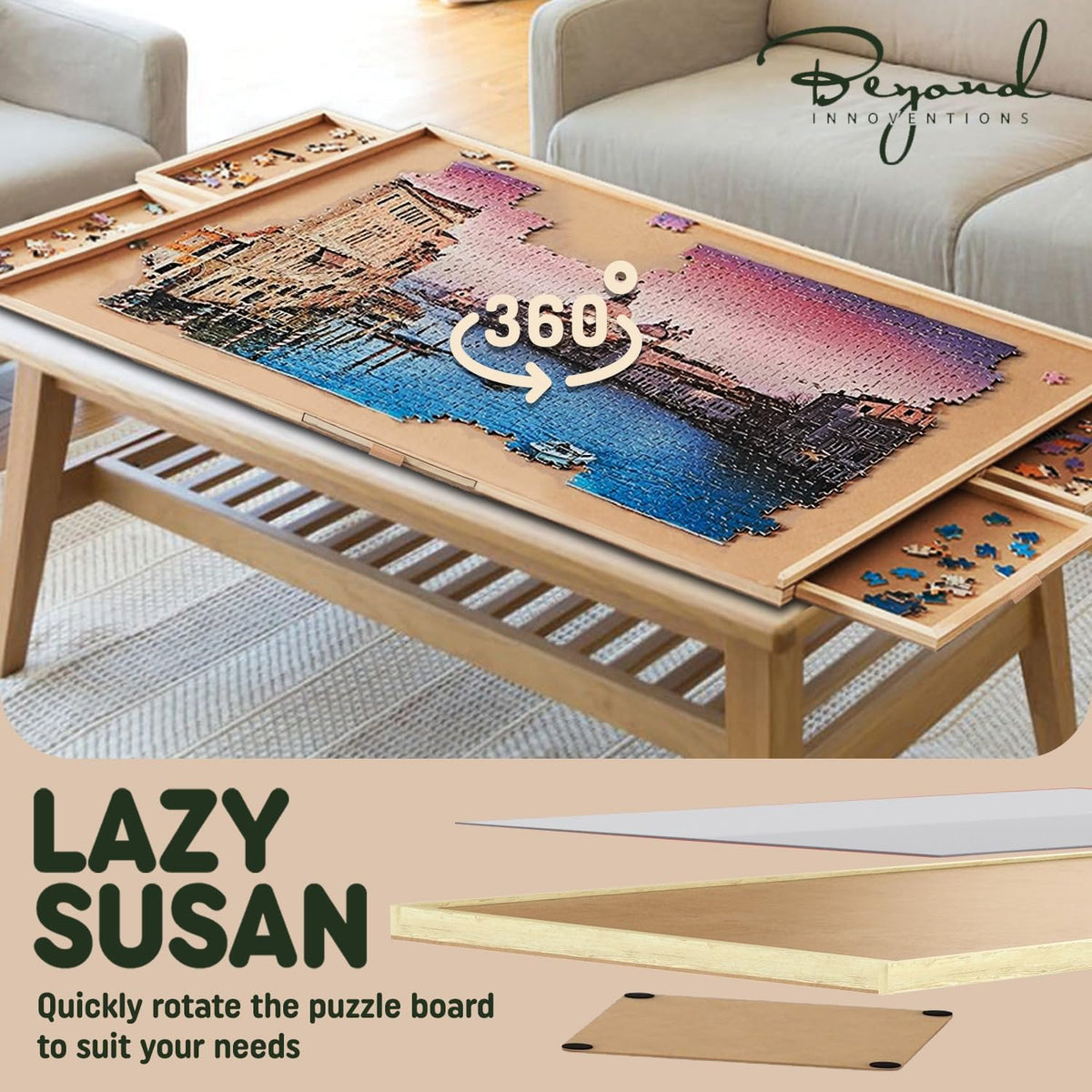 Beyond Innoventions puzzle table drawers open showcasing accessible storage