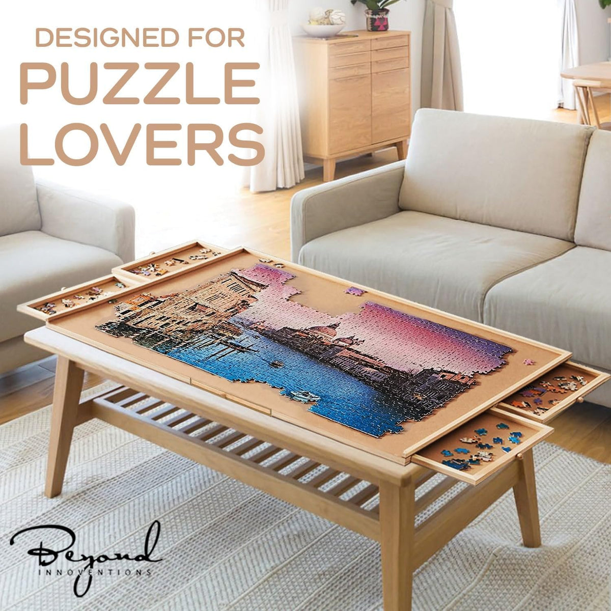 Beyond Innoventions puzzle table shown on different surfaces for versatile use