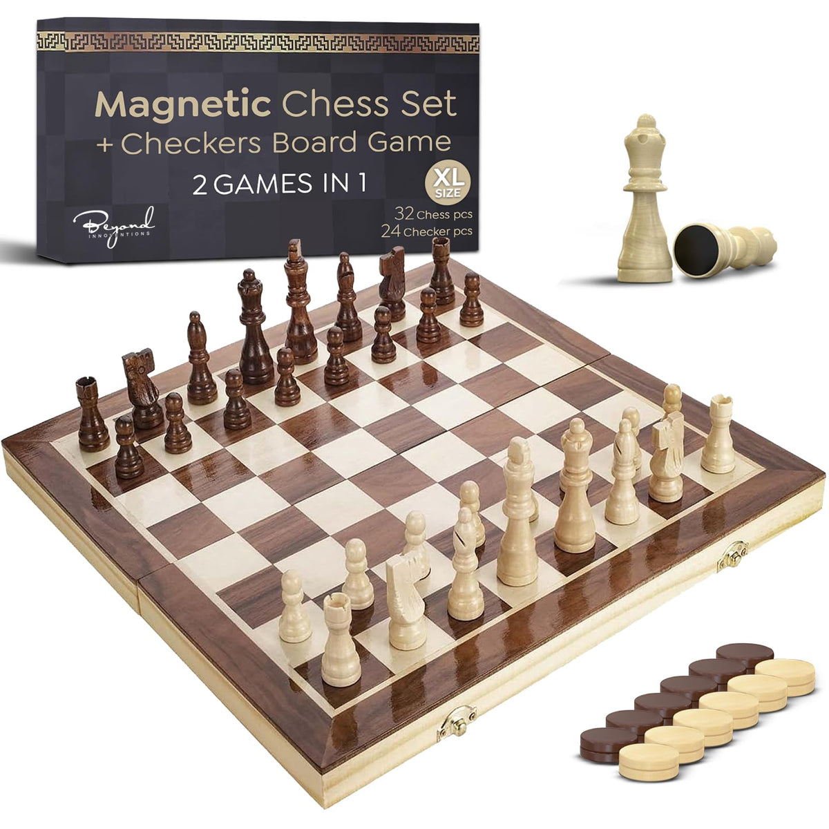 Beyond Innoventions wooden chess board foldable 17 inches for portable play.