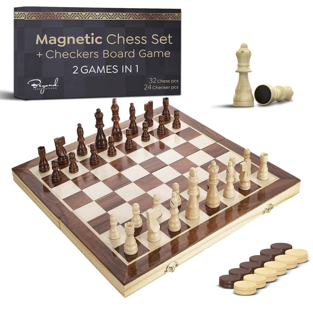 Beyond Innoventions wooden chess board open view showing foldable design