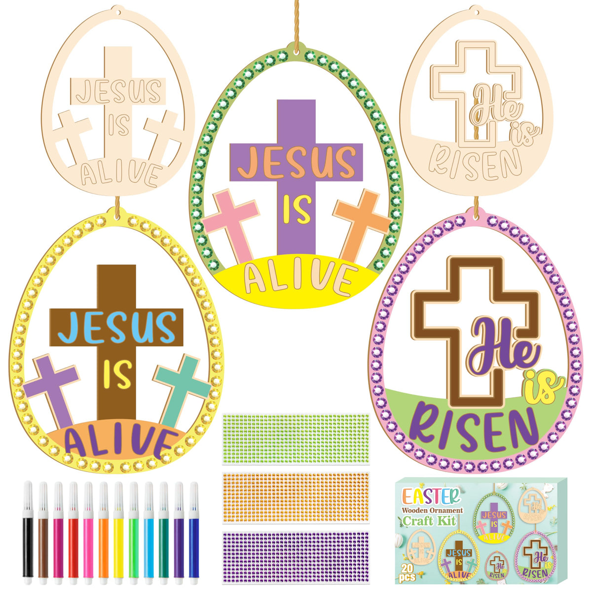 BeYumi Easter wooden eggs with cross prints for festive home decoration