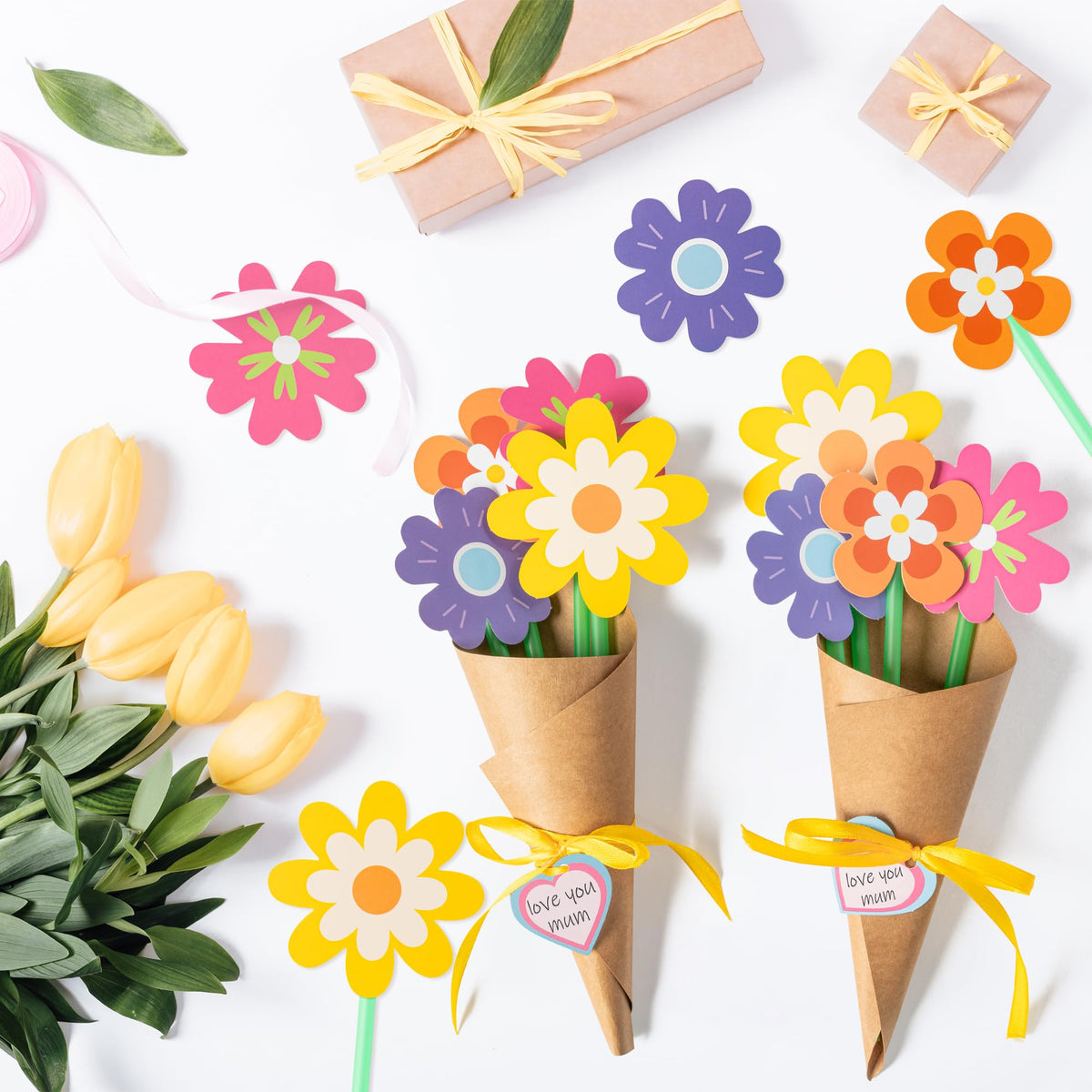 BeYumi Flower Bouquet Craft Kit yellow ribbons add bright finishing touch