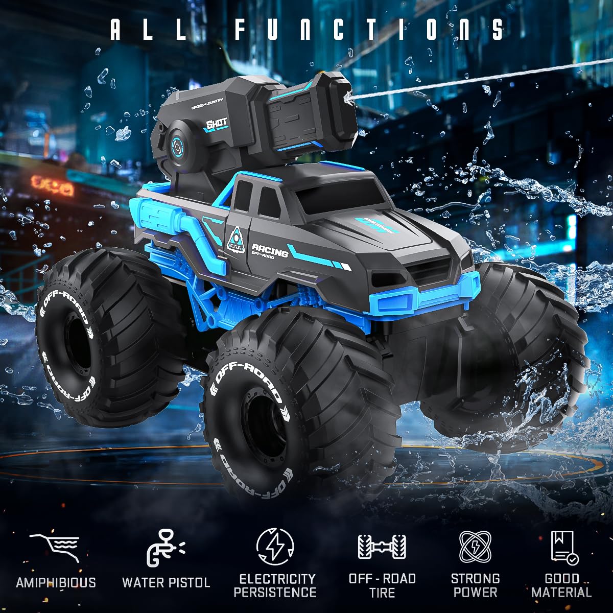 BEZGAR 1:16 amphibious RC car driving on land and water.