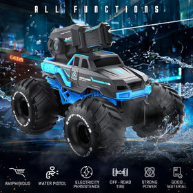 BEZGAR 1:16 amphibious RC car driving on land and water.