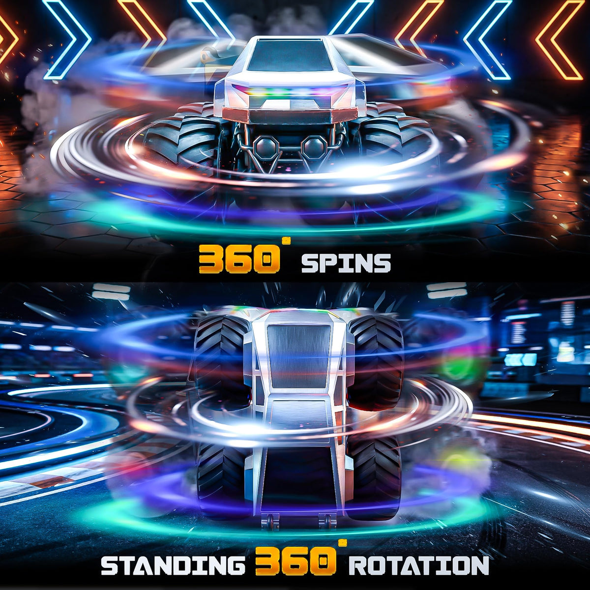 BEZGAR Cyber Truck 360° spin showcases agile performance during tricks.