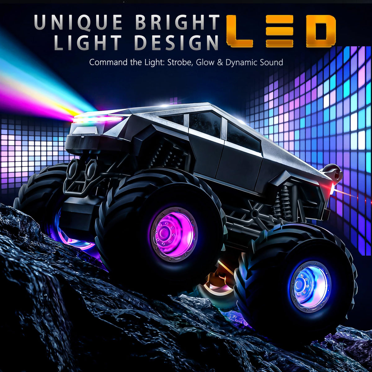 BEZGAR Cyber Truck LED lights fascinate nighttime races and stunts.