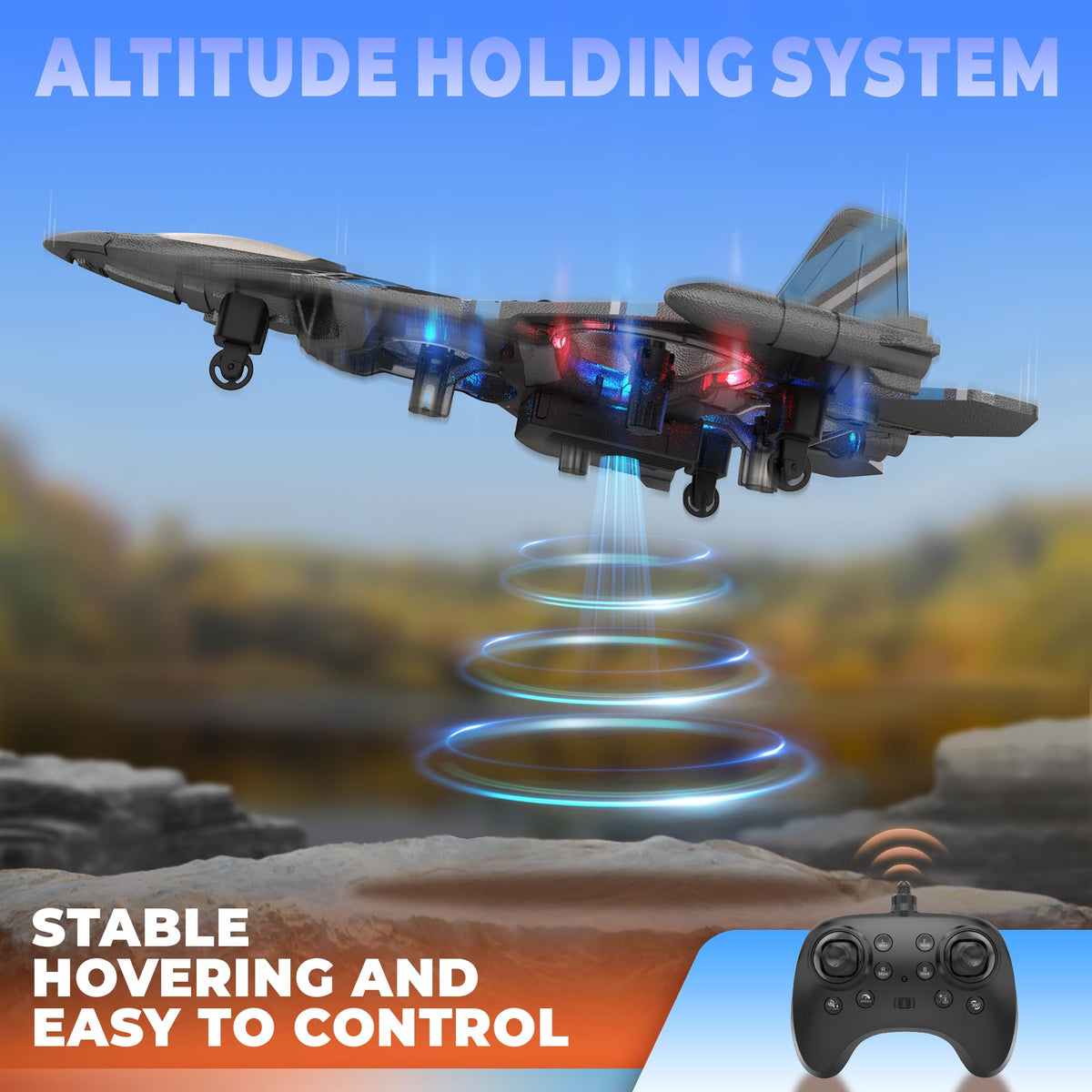 BEZGAR blue drone with colorful LED navigation lights visible at dusk