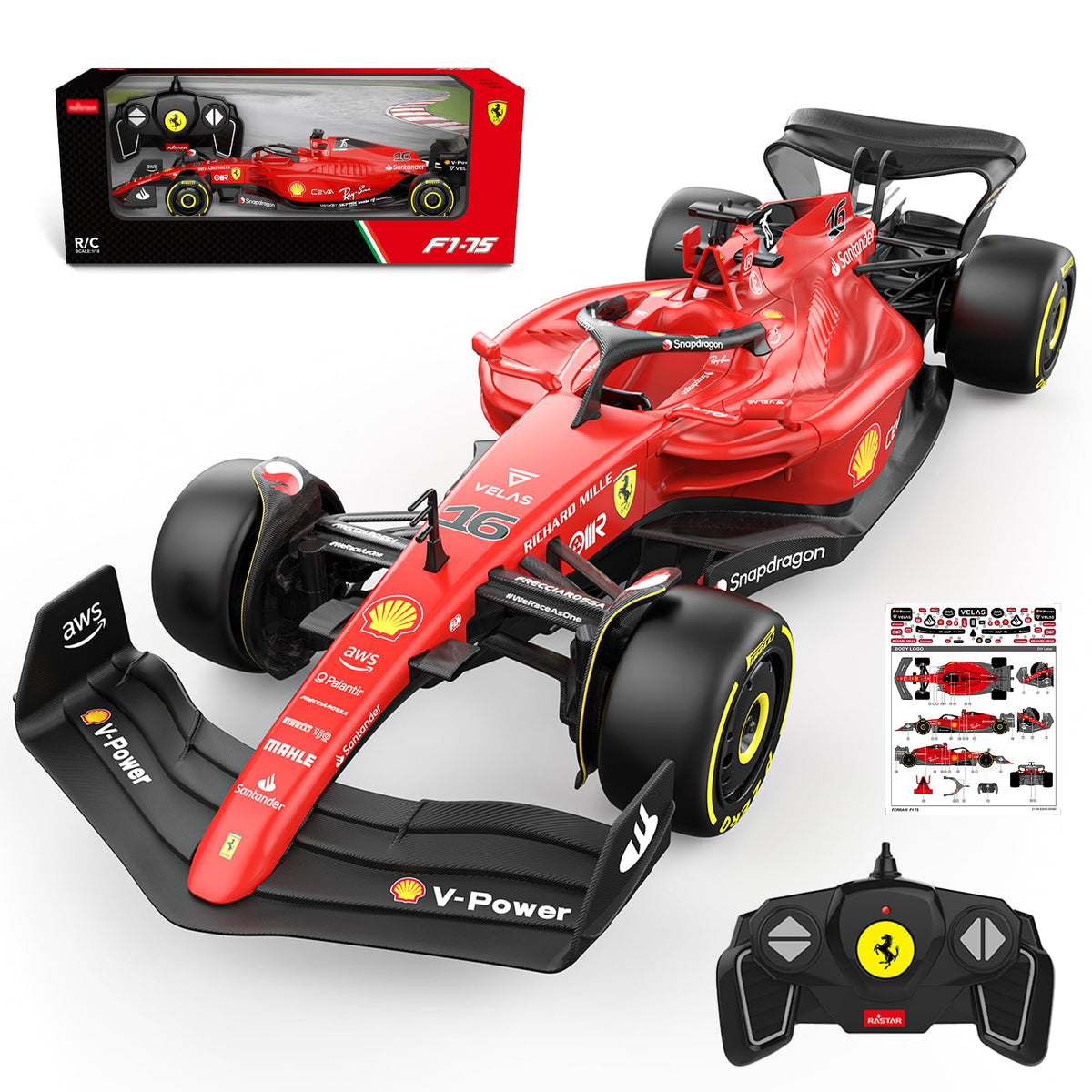 BEZGAR F1-75 RC car box includes a remote and stickers.