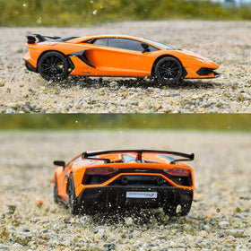 BEZGAR Lambo Aventador SVJ RC car indoors, ideal for shelf display