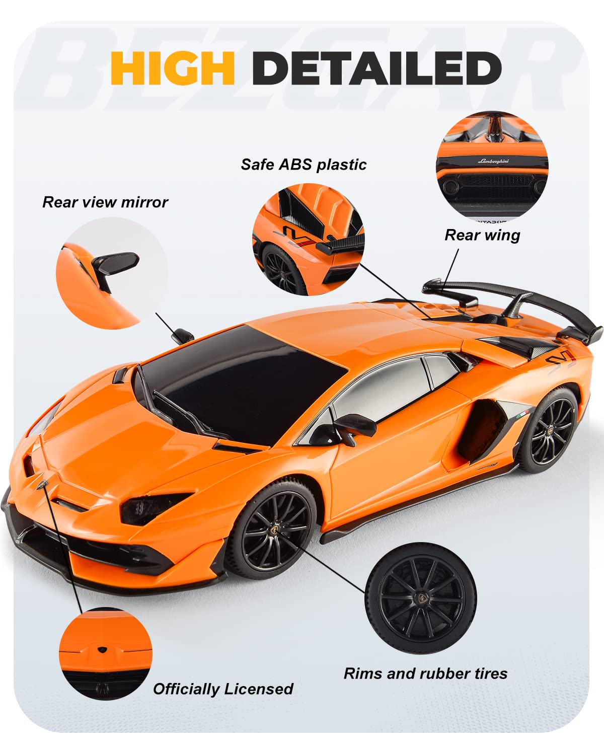 BEZGAR Lambo Aventador SVJ RC car side orange, safe for ages 3 and up with responsive controls