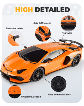BEZGAR Lambo Aventador SVJ RC car side orange, safe for ages 3 and up with responsive controls