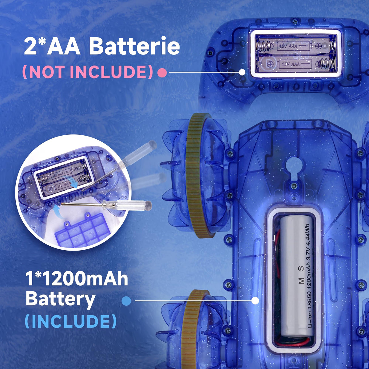 BEZGAR LED lights on blue RC car side for night fun