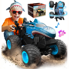 BEZGAR Monster Truck blue front view with bright LEDs for outdoor fun.