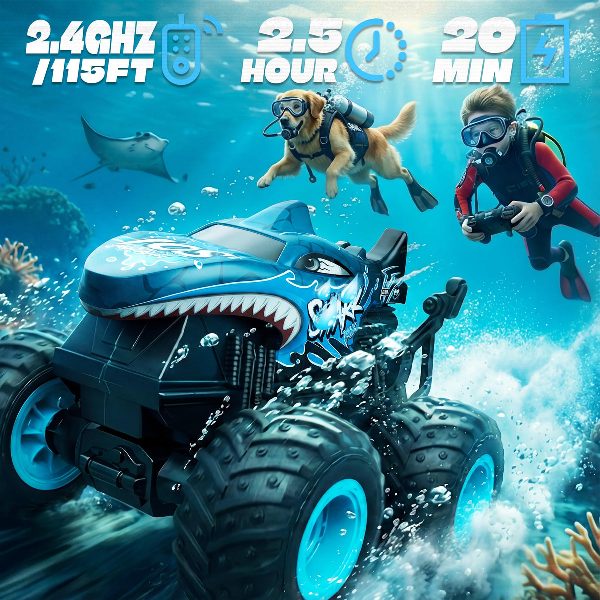 BEZGAR Monster Truck blue LED modes illuminate every race.