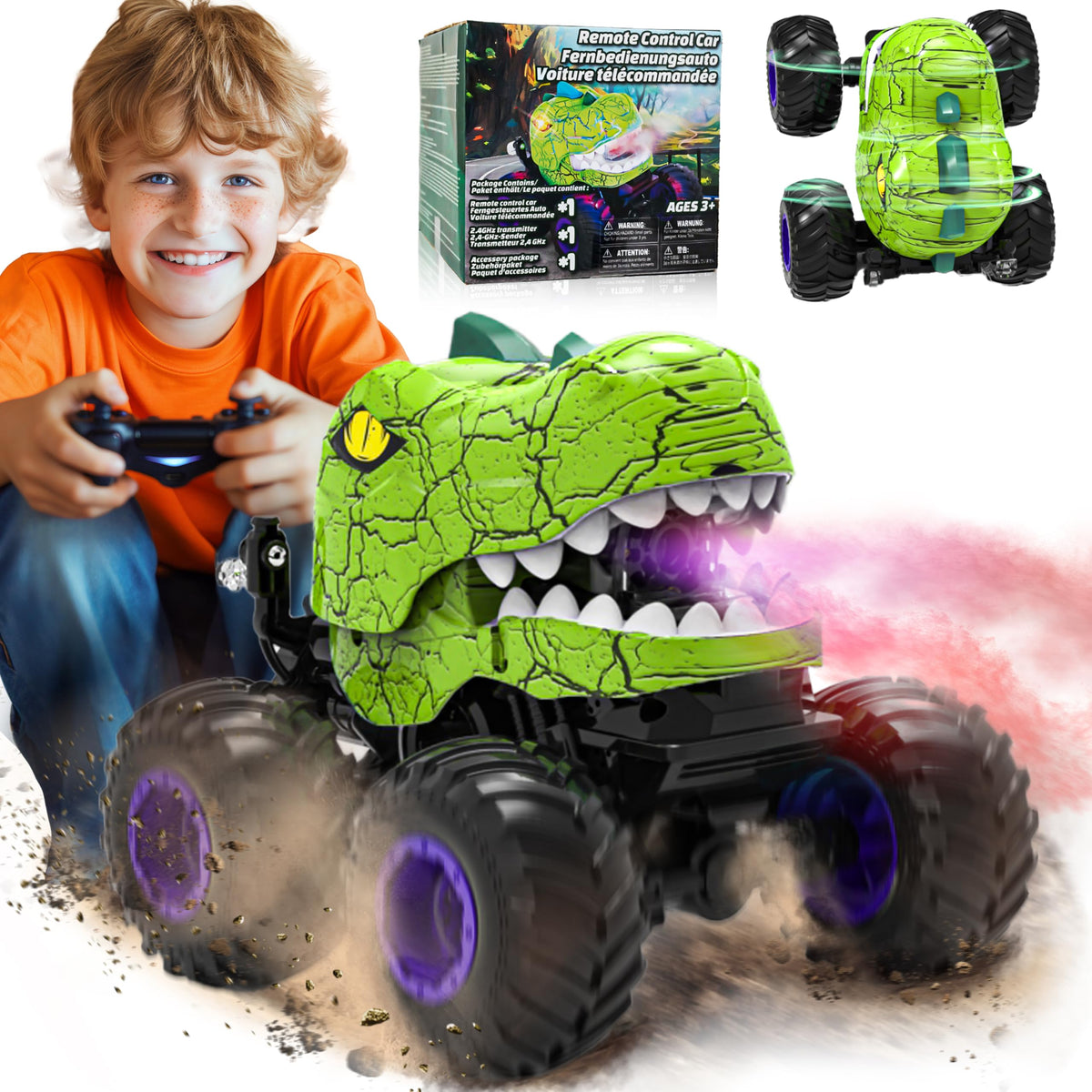 BEZGAR Monster Truck sprays LED lights for dramatic night play.