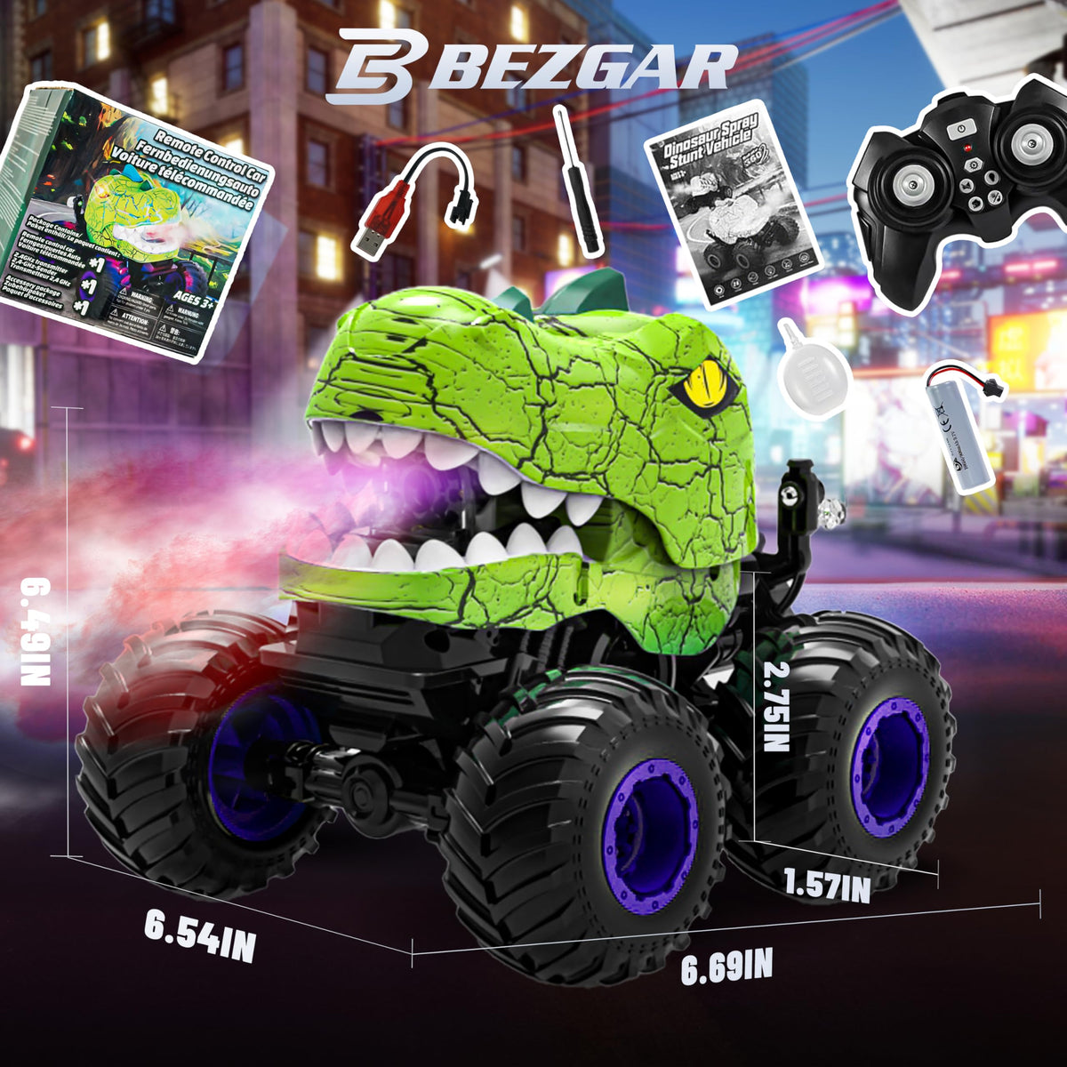 BEZGAR Monster Truck showcases standing wheelies during action.