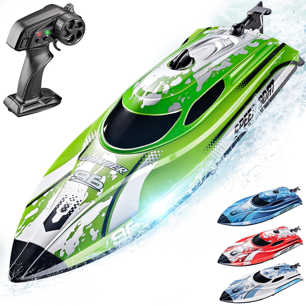 BEZGAR RC Boat 12-inch green front view for lakes and pools.