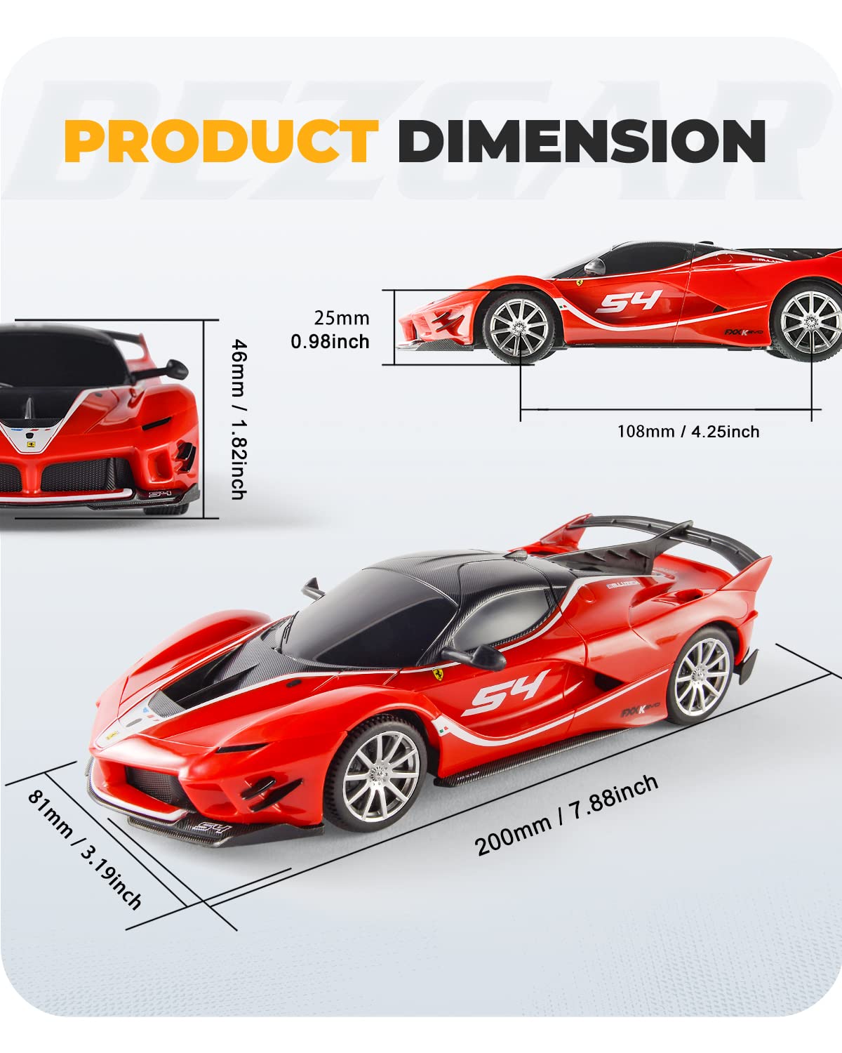 BEZGAR remote-control Ferrari car side view shows vibrant red finish for display.