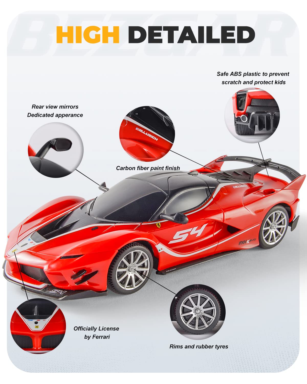 BEZGAR remote-control Ferrari car wheel detail shows durable ABS construction.