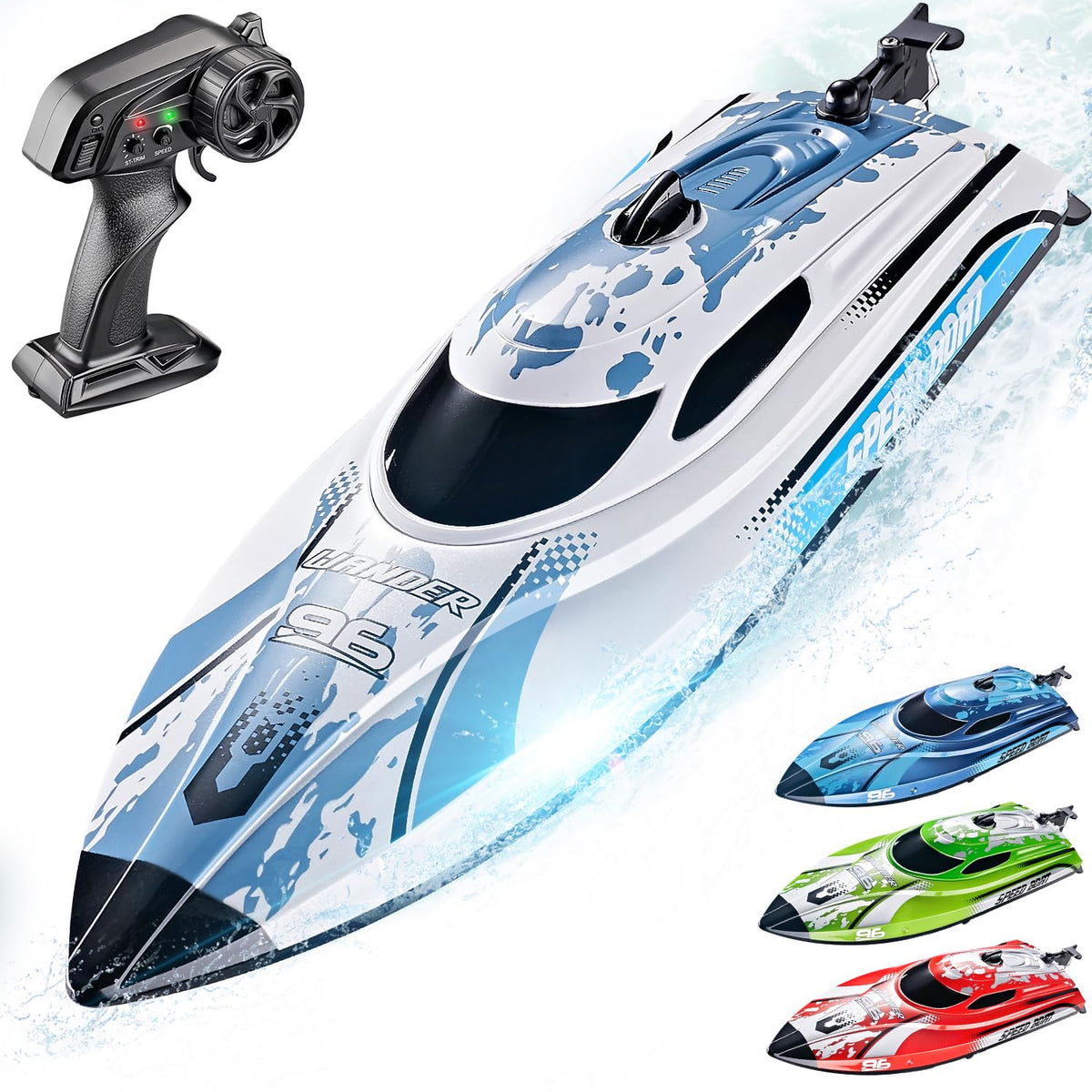 BEZGAR TX126 white RC boat, side view, ready for quick lakeside fun and pool play.