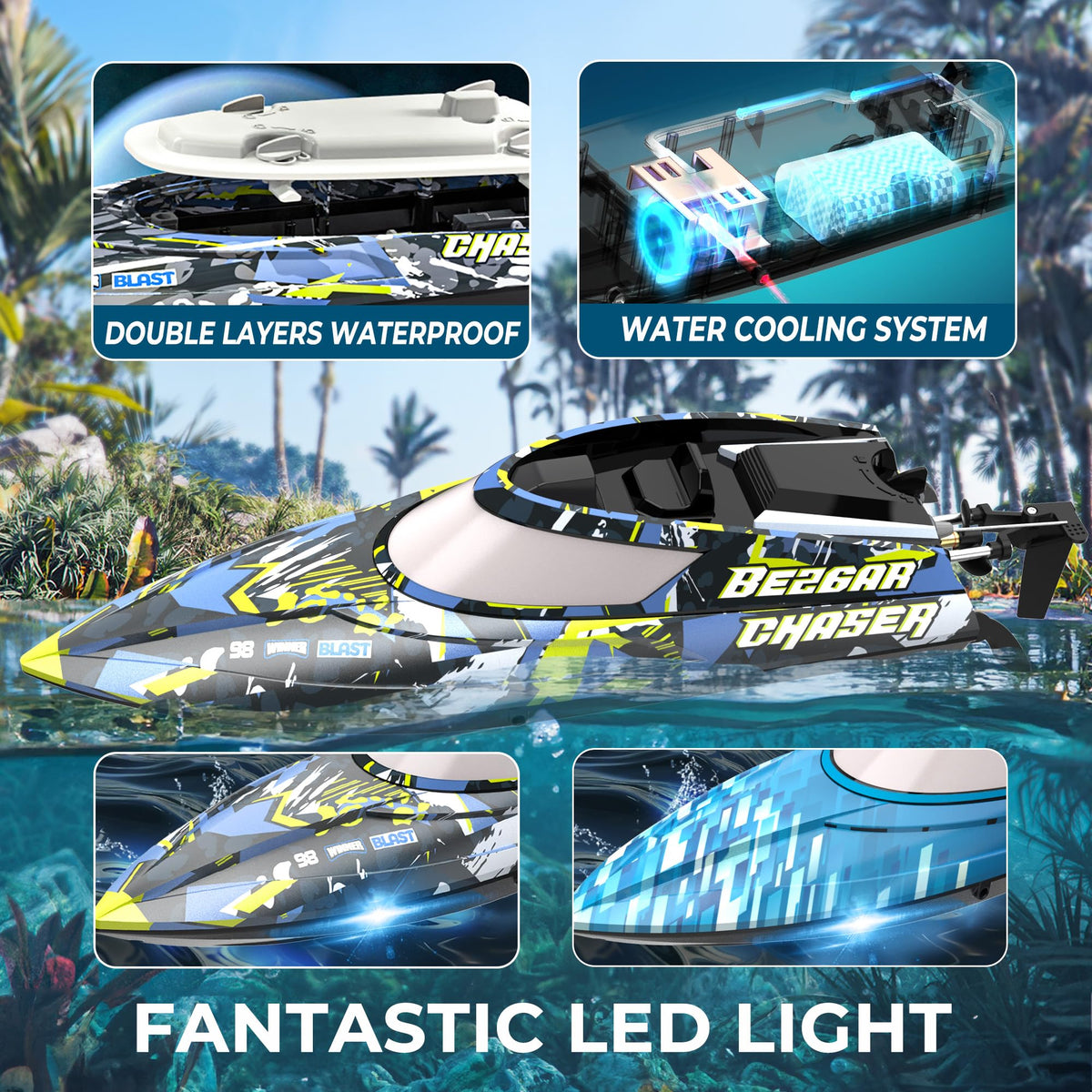 BEZGAR TX2P1 RC boat, in-suitcase carry, portable setup for travel.