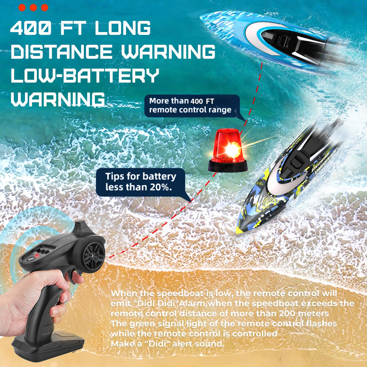 BEZGAR TX2P1 RC boat, night driving with bright LEDs for visibility.