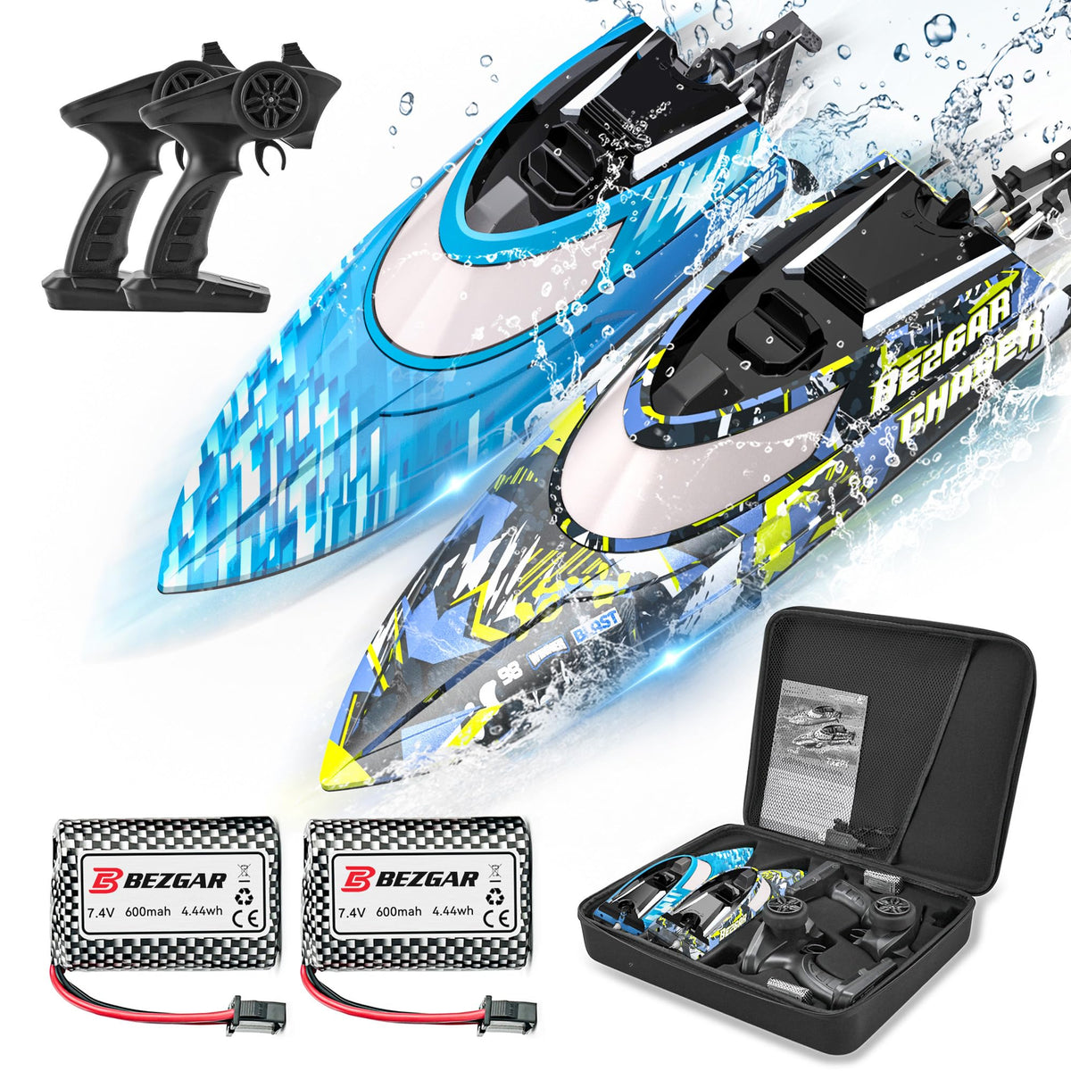 BEZGAR TX2P1 RC boat, side view, high-speed fun on lake with LED lights.