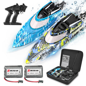 BEZGAR TX2P1 RC boat, side view, high-speed fun on lake with LED lights.