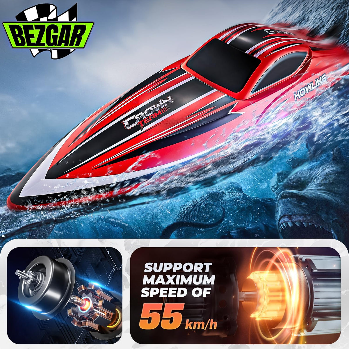 BEZGAR HJ818PRO RC boat side view highlighting hull design for stability