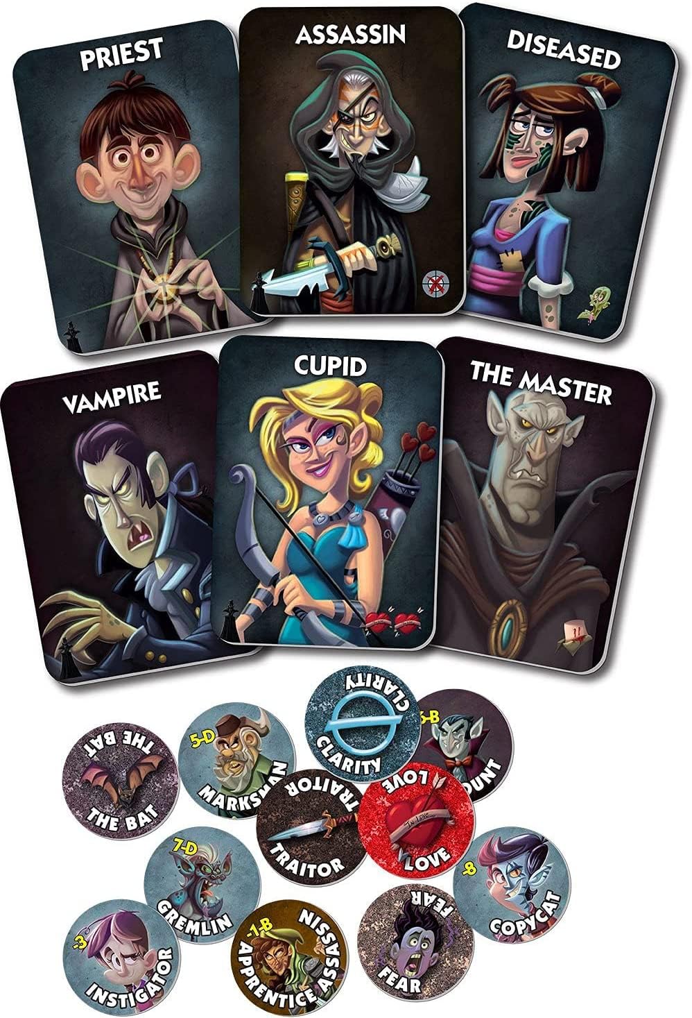 Bezier Games One Night Ultimate Vampire role cards highlight unique abilities for social deduction.