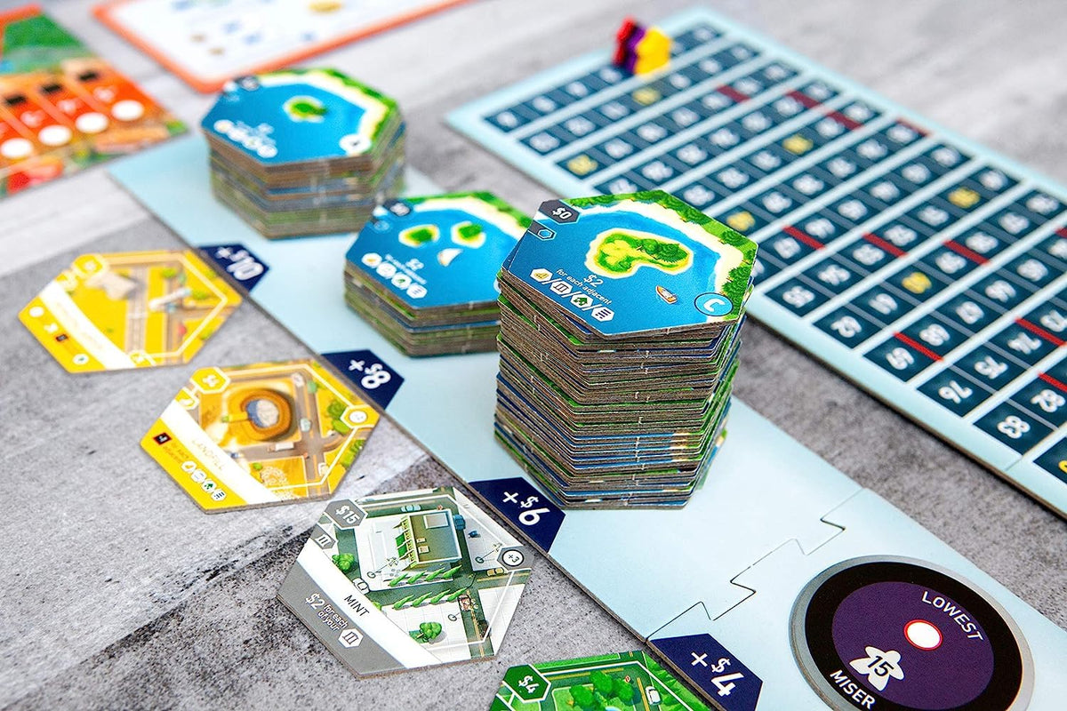 Bezier Suburbia board layout showing player-driven city development