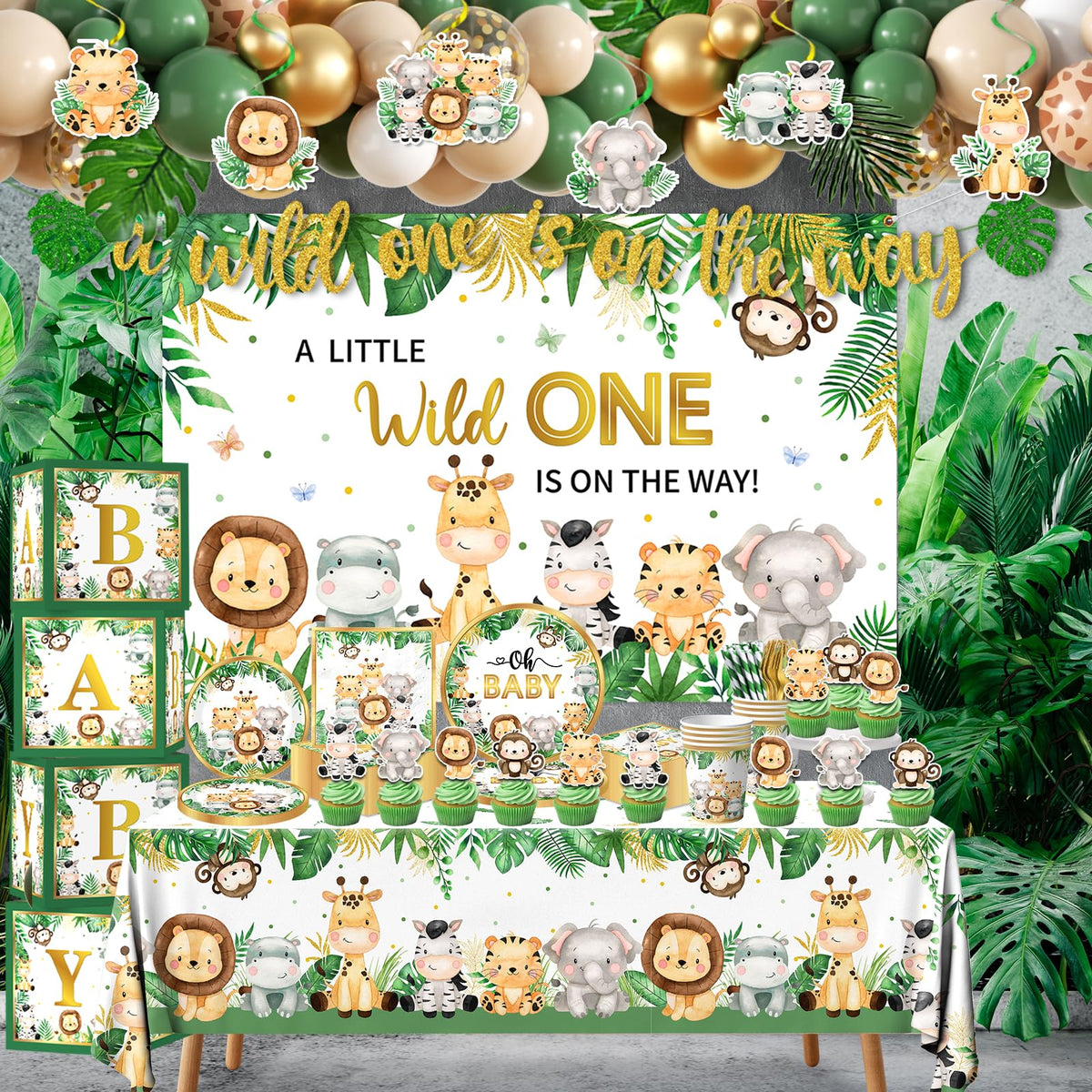Bezkega safari balloons and garland kit provide a vibrant centerpiece option