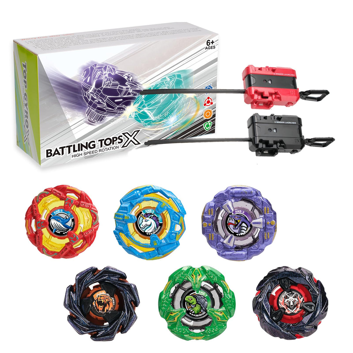 BGOVTAPO Gyro X battle set with six spinning tops ready for duels, encouraging friendly play.