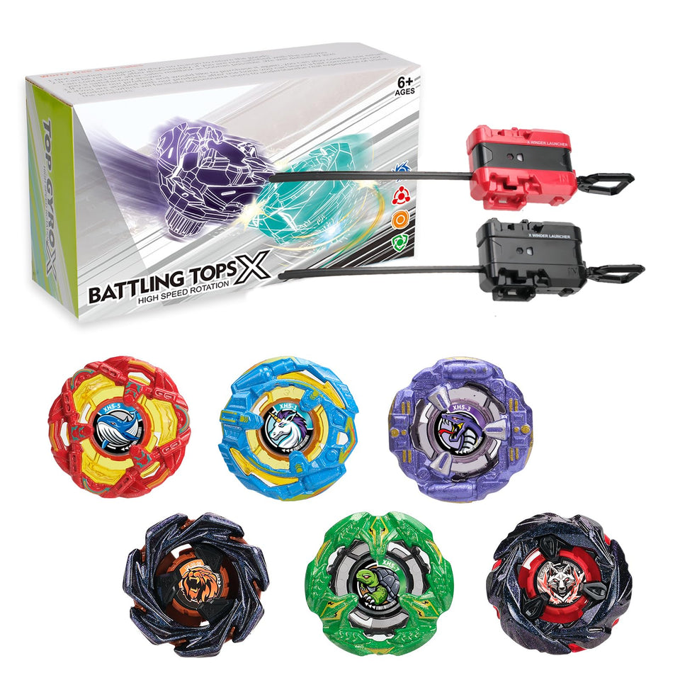 BGOVTAPO Gyro X battle set with six spinning tops ready for duels, encouraging friendly play.