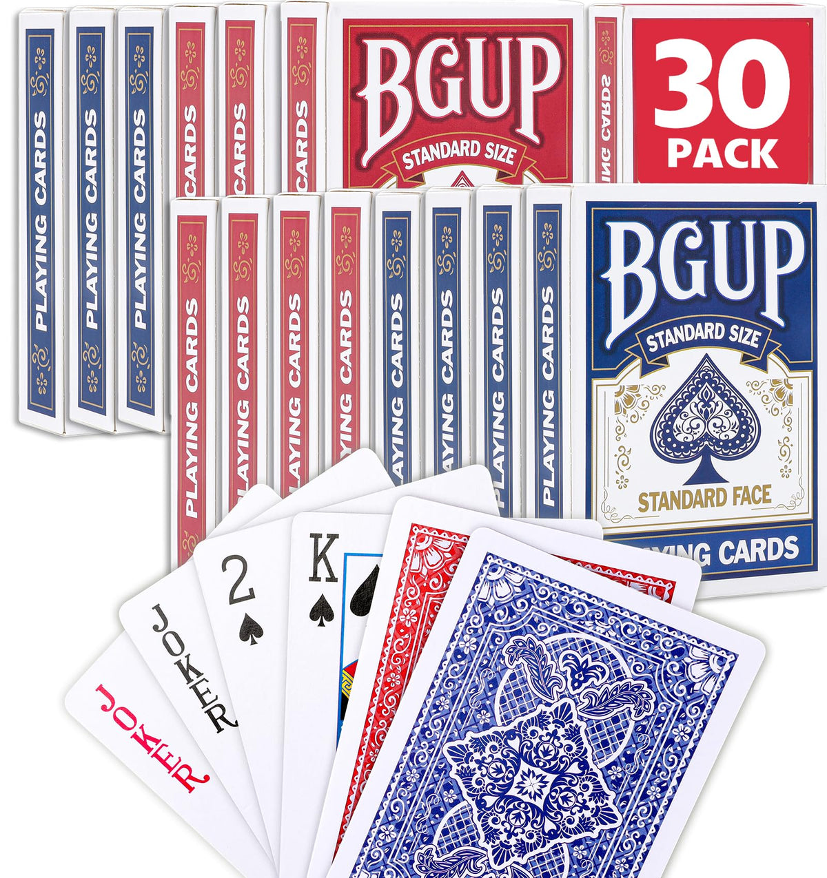 BGUP 30-deck bulk playing cards in red and blue packaging, great for parties and gatherings.