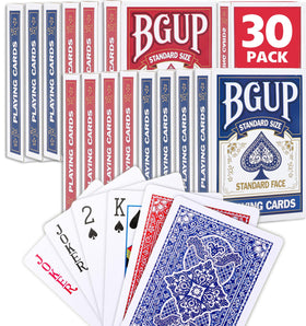 BGUP 30-deck bulk playing cards in red and blue packaging, great for parties and gatherings.