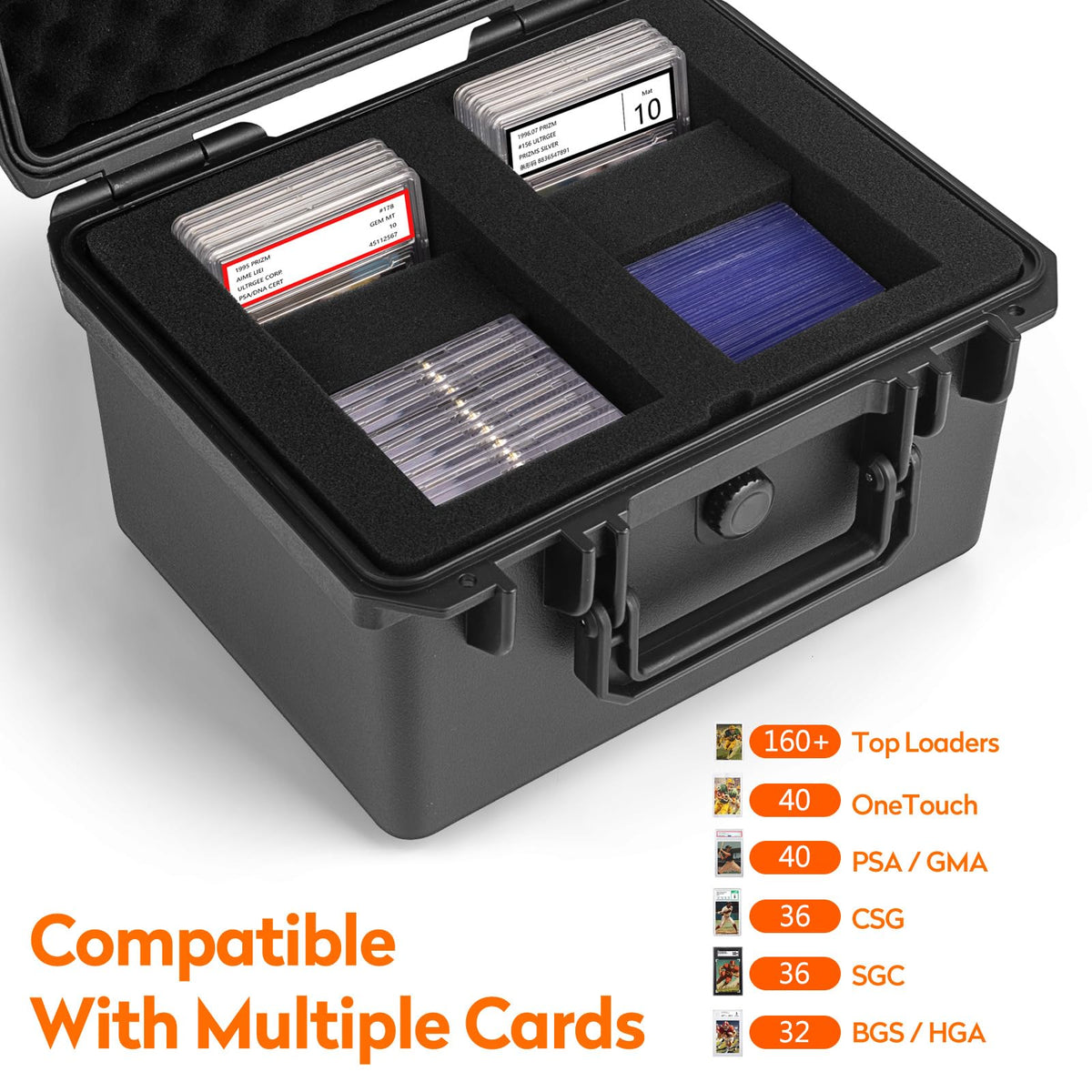 Bheddi storage box capacity shows it holds 160+ top loaders or 40 graded cards