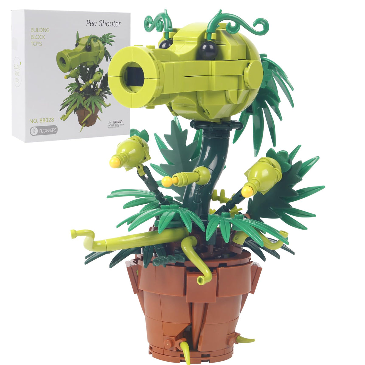 Bibilock Peashooter Plant assembly model shows vibrant details for creative play and display.