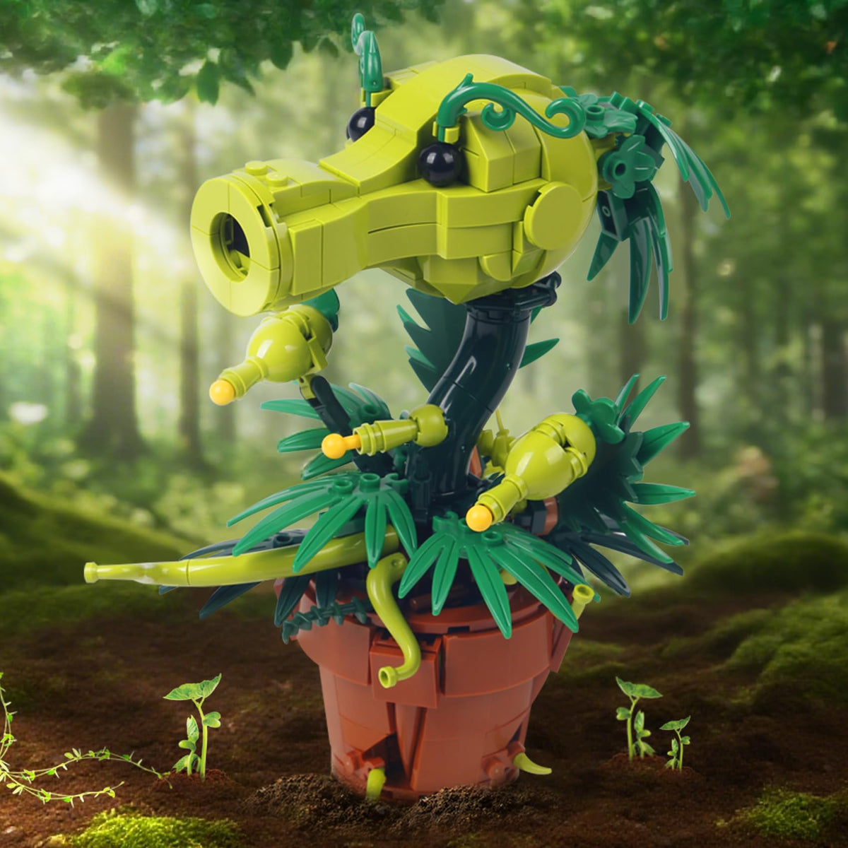 Bibilock Peashooter Plant display emphasizes durable blocks for long-term play and shelving.