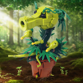 Bibilock Peashooter Plant display emphasizes durable blocks for long-term play and shelving.