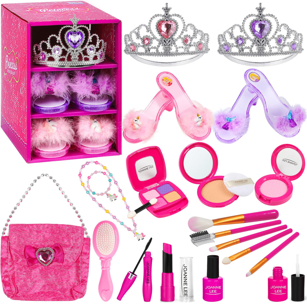BIBUTY Kids Makeup Kit with princess shoes and crowns for imaginative dress-up play.