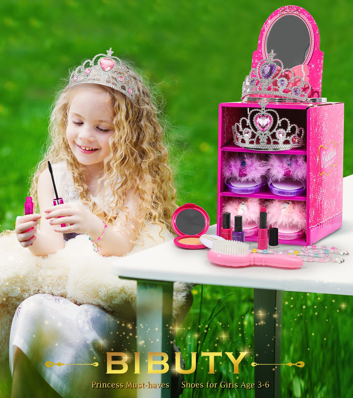 BIBUTY Princess shoes and crowns in pink and purple for pretend play ensembles.