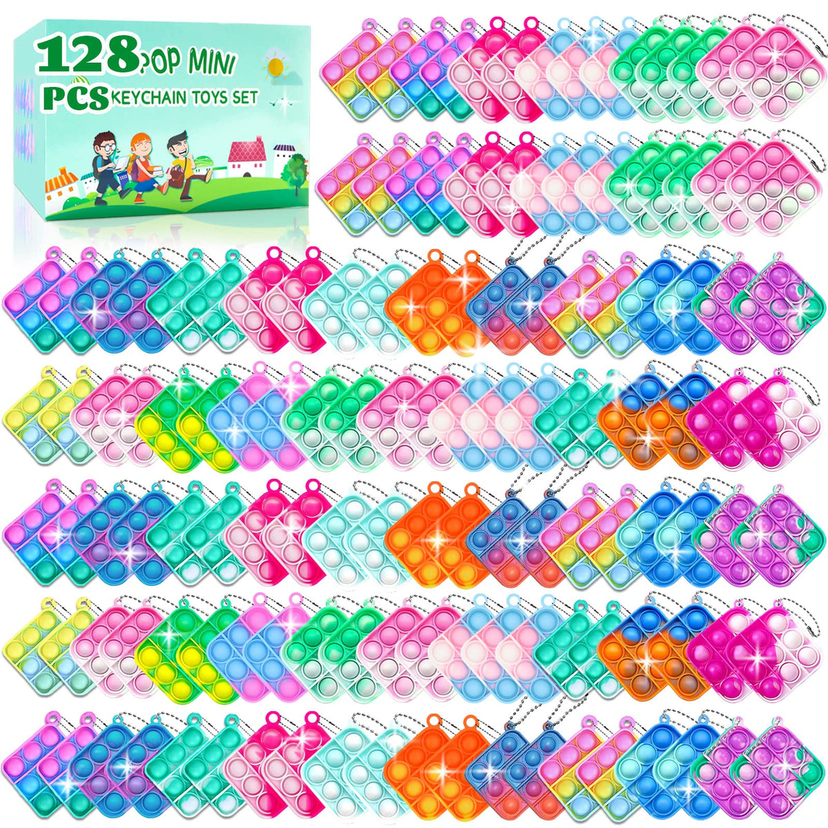 BicMan 128-pcs party favors with pop keychains for Easter baskets, portable sensory fun.