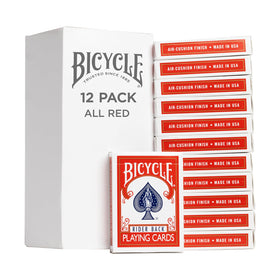 Bicycle All Red Poker Size 12 Pack deck spread highlights vibrant design for game nights.